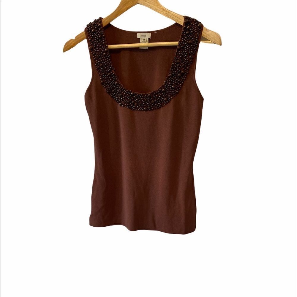 ESCIO Brown Sleeveless Beaded Stretch Tank Top M